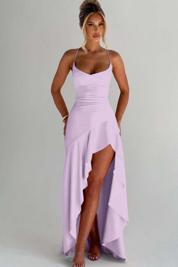 Spaghetti Strap Sleeveless Long Split Prom Dress With Pleated