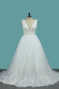 Deep V-neck A-Line Backless Wedding Dress Floor-length With Appliques Lace Tulle BM bride