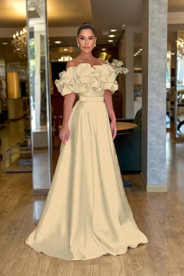 Off the Shoulder Sleeveless A Line Long Prom Dress With Pleated BMBRIDE