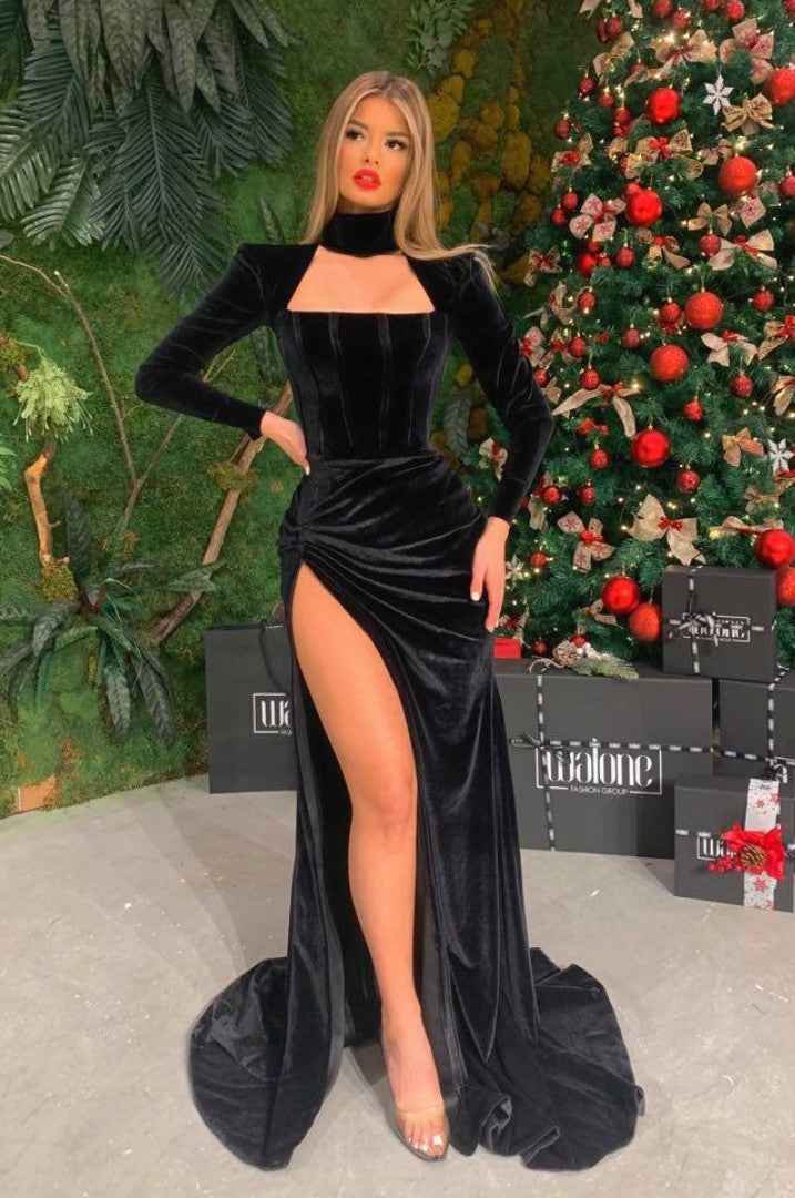 Velvet Prom Dress Black With Slit Pleated Long Sleeves Halter