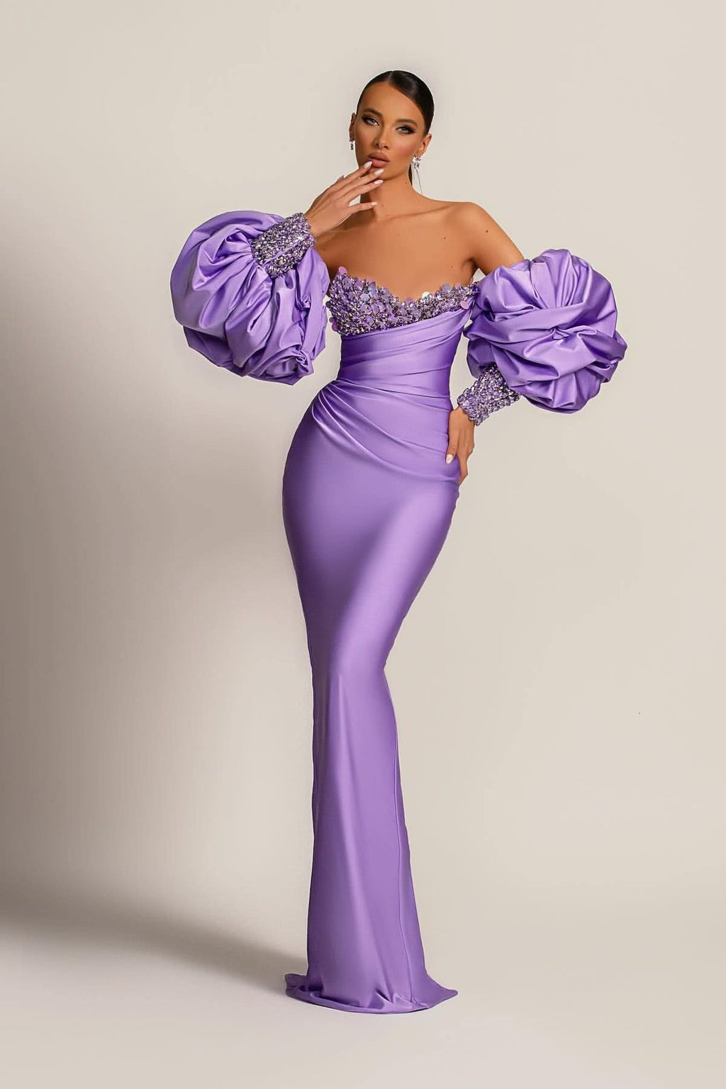Purple Mermaid Prom Dress with Bubble Sleeves BM bride