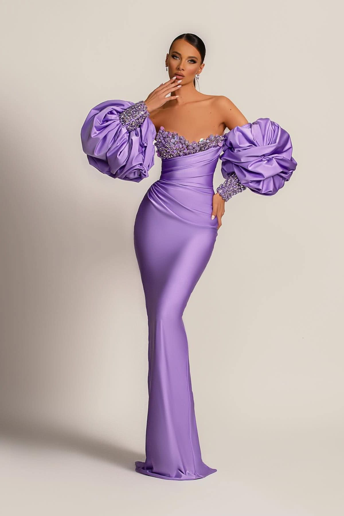 Purple Mermaid Prom Dress with Bubble Sleeves BM bride