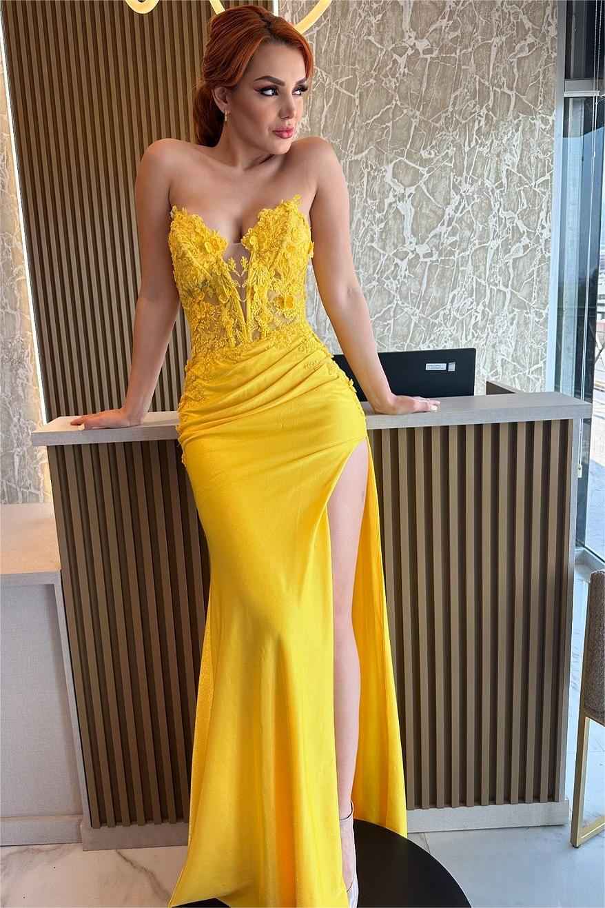 Charming Yellow Strapless Sleeveless Pleated Split Prom Dress With Embroidery