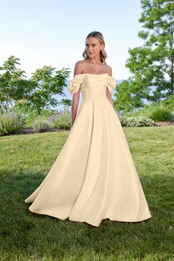 Off the Shoulder Sleeveless Long A Line Prom Dress With Pleated BMBRIDE
