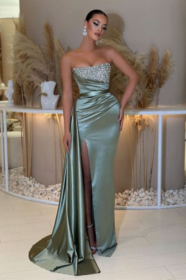 Sage Green Sleeveless Prom Dress with Strapless Pleated Slit BM bride