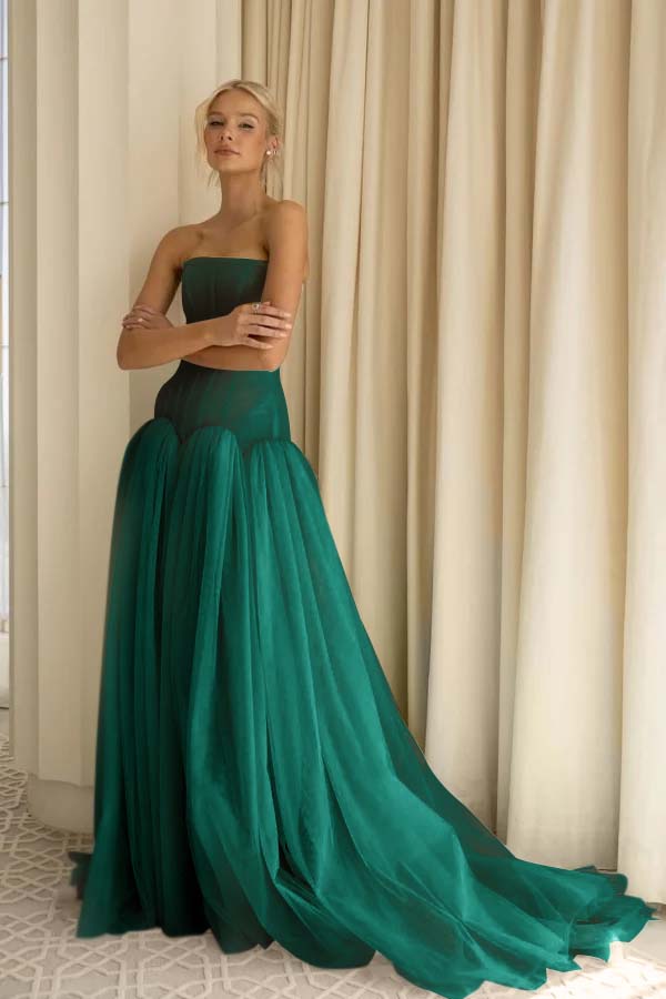 Charming Tulle Strapless Sleeveless Long Prom Dress With Pleated BMBRIDE