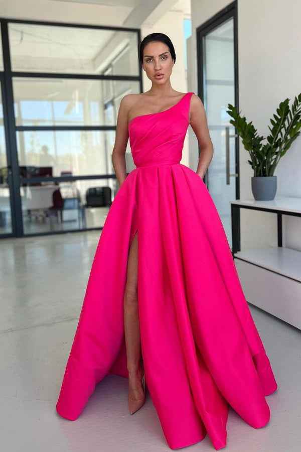 Glamorous Rose Pink One Shoulder A Line Prom Dress With Pockets