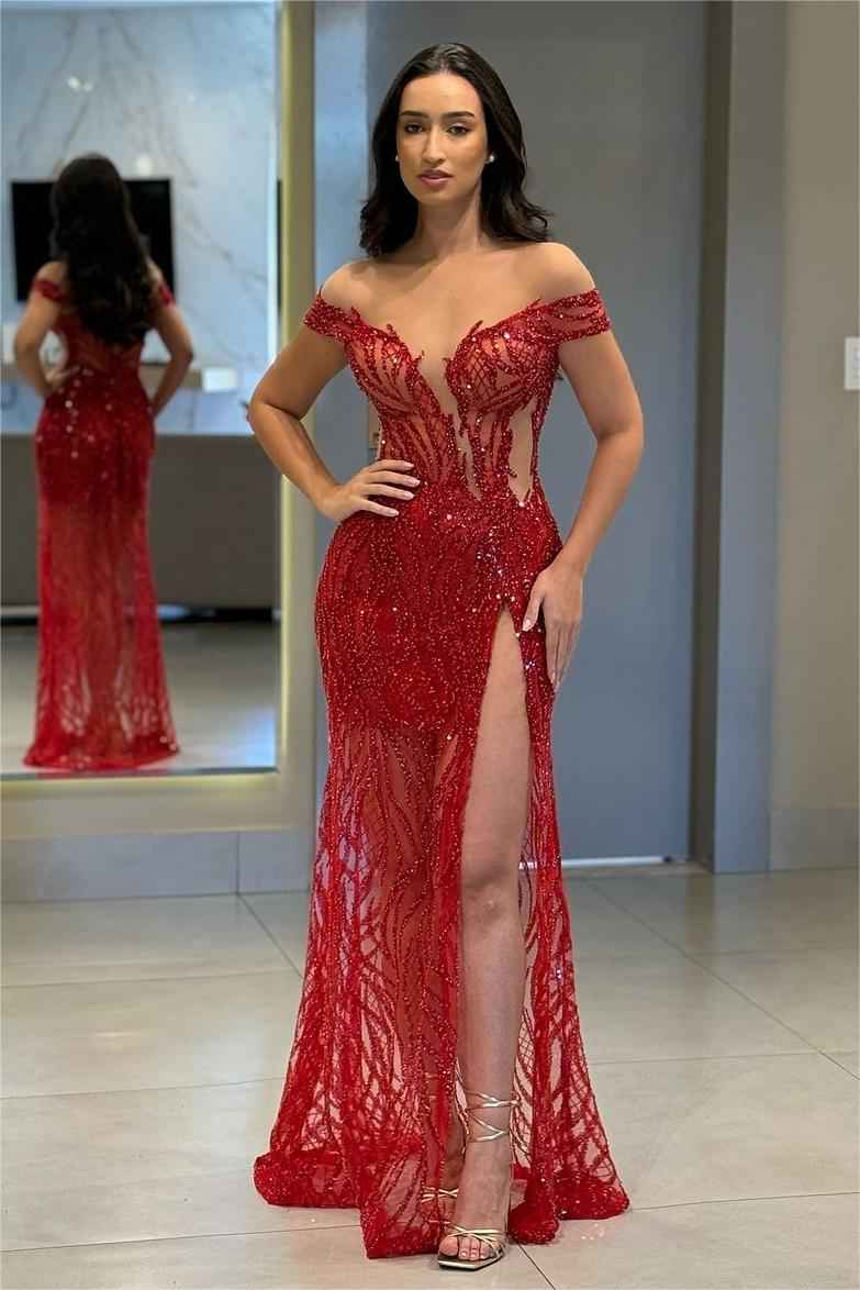 Chic Red Off the Shoulder High Split Long Prom Dress With Bead Embroidery