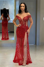 Chic Red Off the Shoulder High Split Long Prom Dress With Bead Embroidery