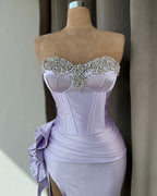 Light Purple Sleeveless Prom Dress with Rhinestone High Slit Gown BM bride