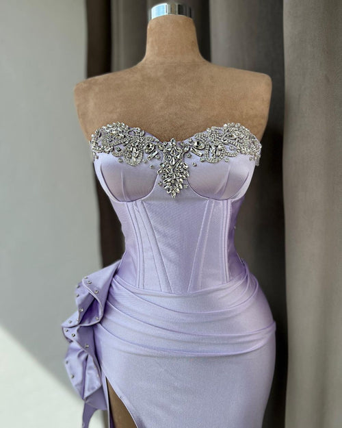 Light Purple Prom Dress With Rhinstone High Slit Gown Sleeveless