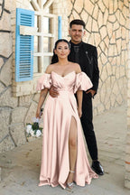Dusty Blue Sweetheart Off-The-Shoulder Puff Sleeves Evening Dress with Front Split BM bride