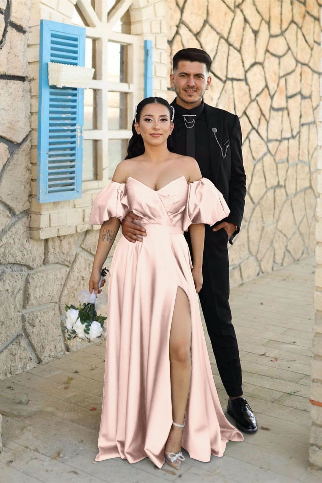 Dusty Blue Sweetheart Off-The-Shoulder Puff Sleeves Evening Dress with Front Split BM bride