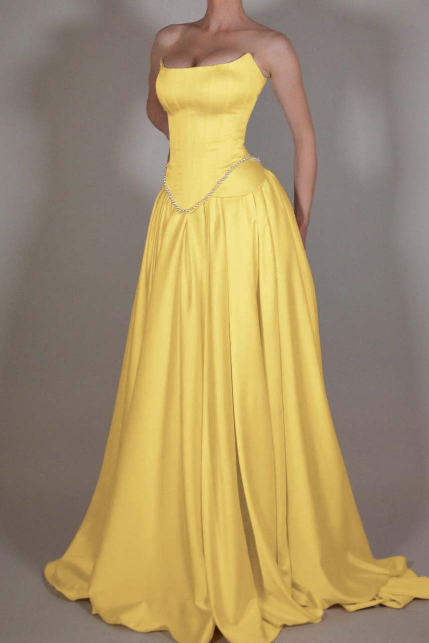 Strapless Sleeveless Long A Line Prom Dress With Pleated Beading BMBRIDE