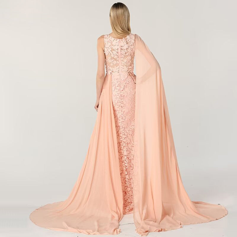 Charming Red Lace Printed A-Line Long Prom Dress with Trail BM bride