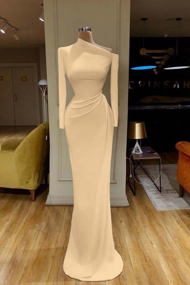 Charming White One Shoulder Mermaid Long Sleeves Prom Dress With Pleated BMBRIDE