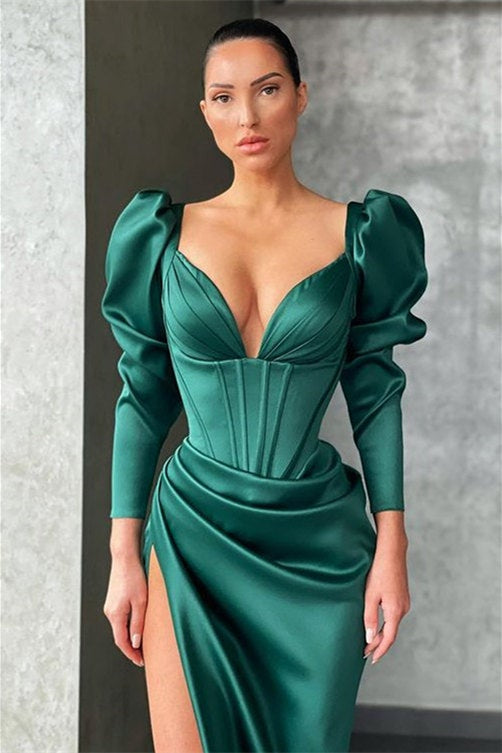 Mermaid Dark Green Long Sleeves Pleated Long Prom Dress With High Split BMBRIDE