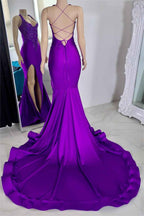 Glamorous Stain Halter Sleeveless Mermaid Long Split Prom Dress With Beading