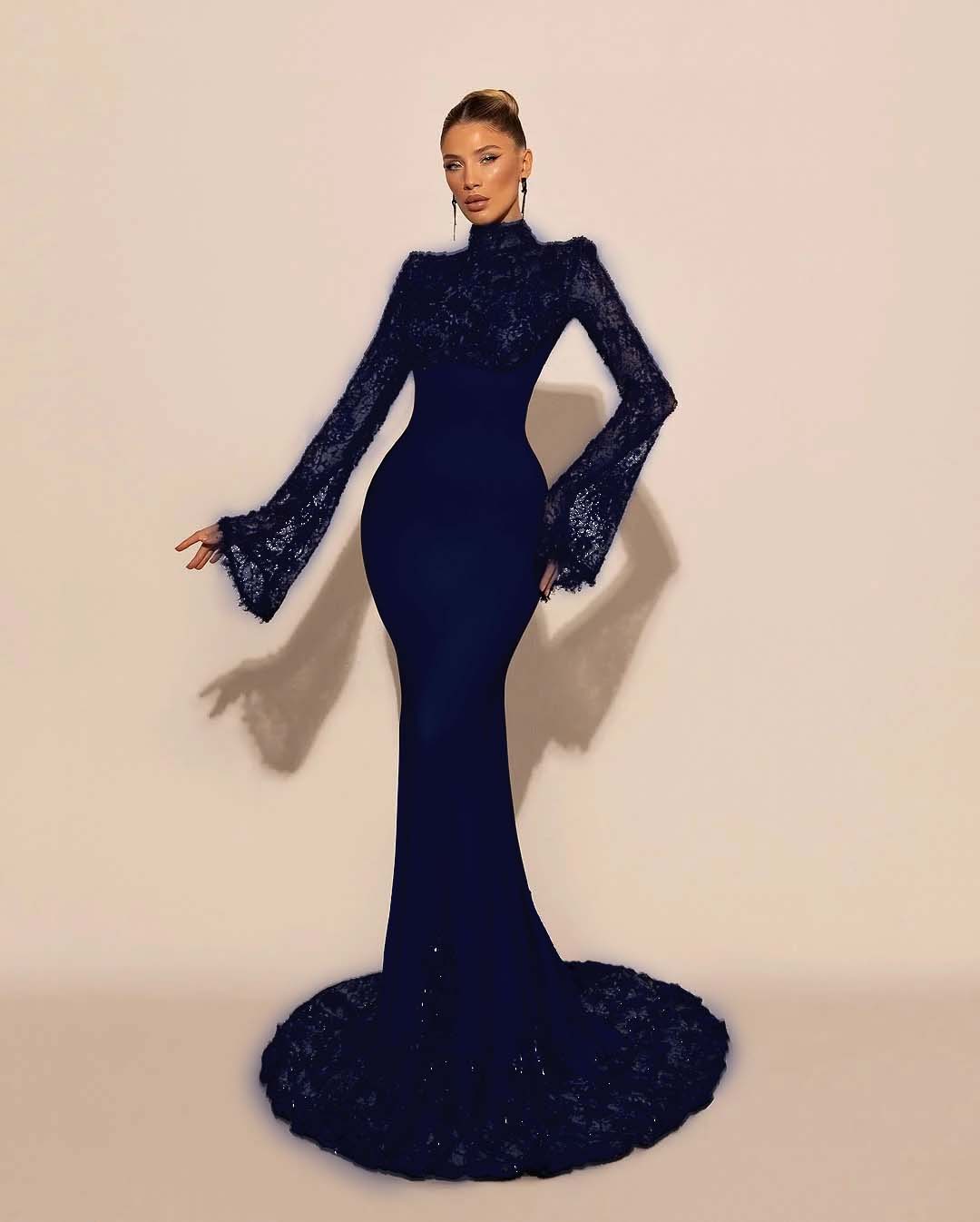 High Neck Lace Long Sleeves Long Mermaid Prom Dress With Pleated BMBRIDE