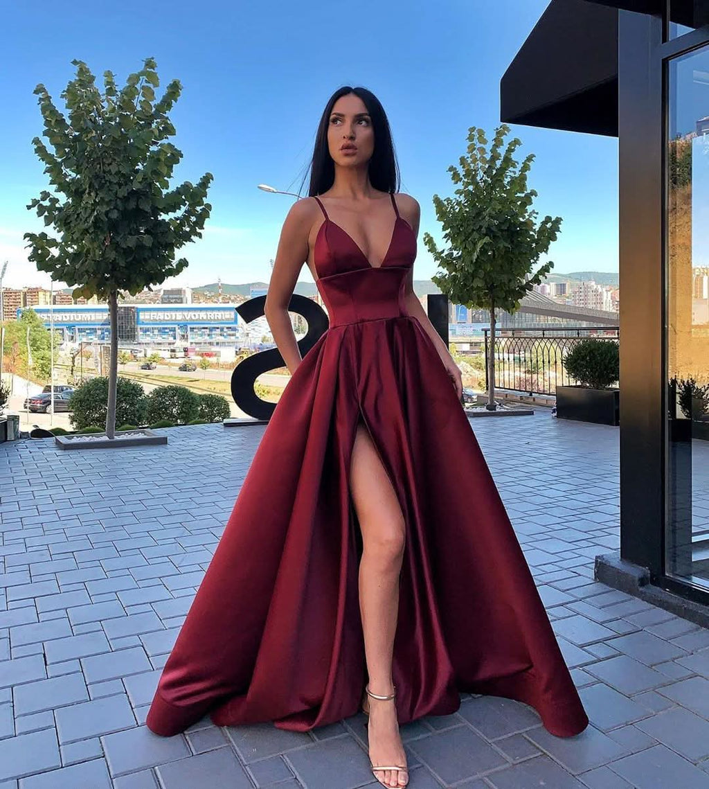 Pink Sweetheart Spaghetti Strap Prom Dress with Split Design BM bride