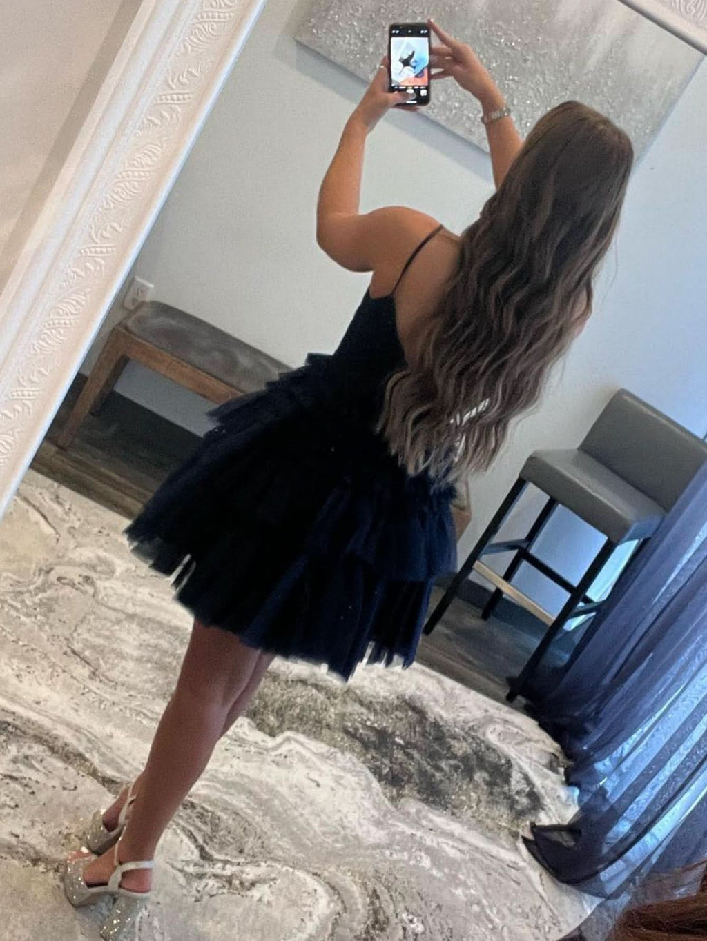 Deep V Neck Tiered A-Line Short Homecoming Dress BM bride