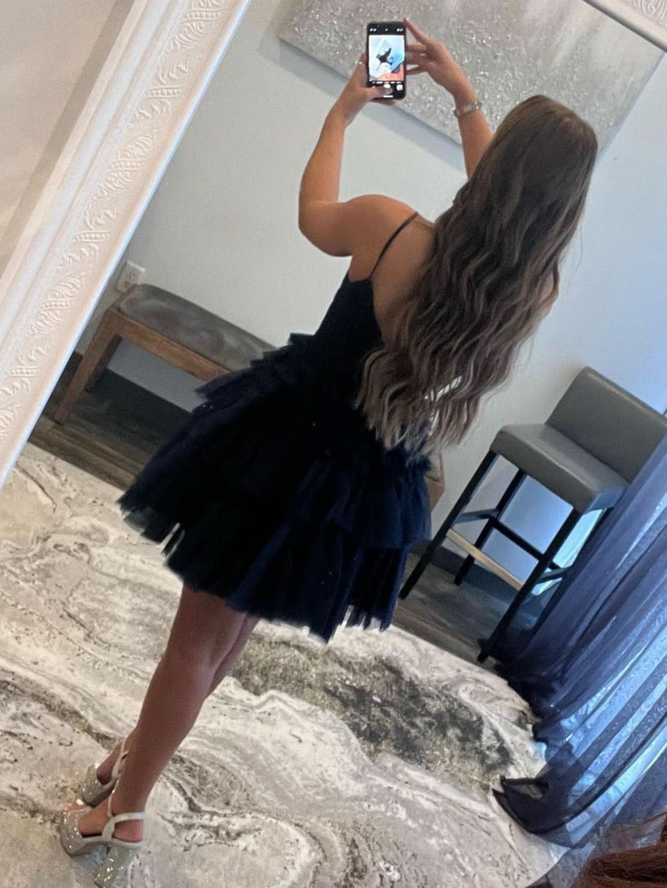 Deep V Neck Tiered A-Line Short Homecoming Dress BM bride