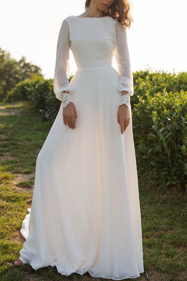 Bateau Neck Long Sleeve Tulle Boho A-Line Wedding Dress with Open Back BM bride