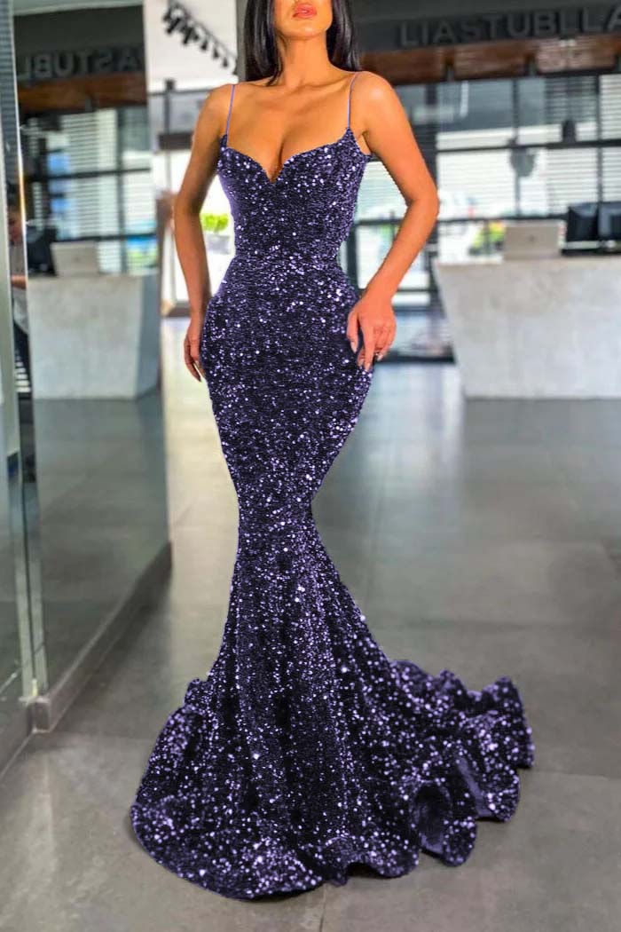 Spaghetti Strap Sleeveless Long Mermaid Prom Dress With Sequins BMBRIDE
