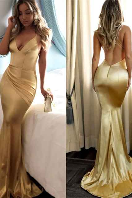 Daffodil V Neck Sleeveless Backless Mermaid Prom Dress Long Online