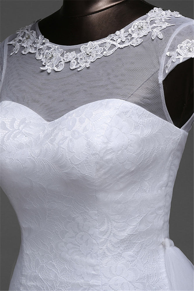Jewel Neck Long Mermaid Lace Wedding Dress with Tulle Overskirt BM bride