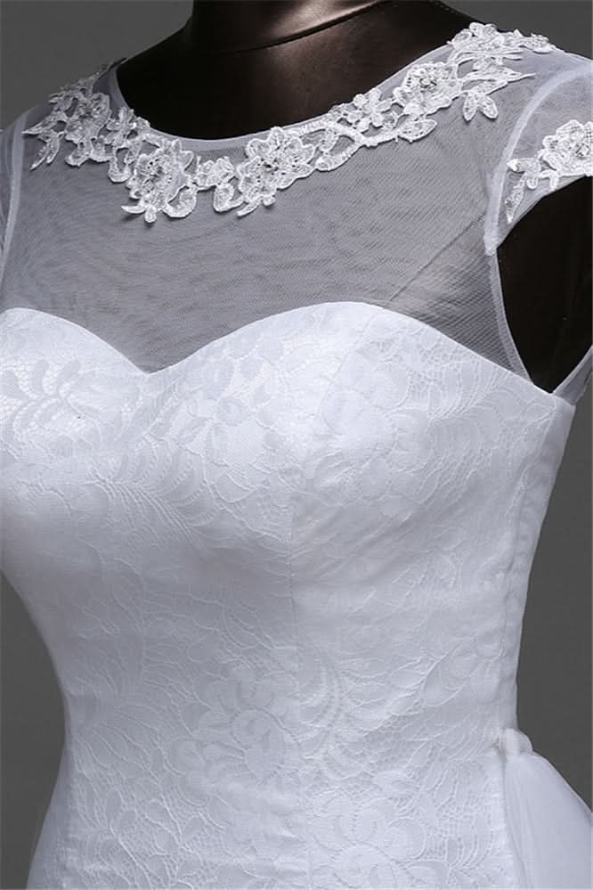 Jewel Neck Long Mermaid Lace Wedding Dress with Tulle Overskirt BM bride