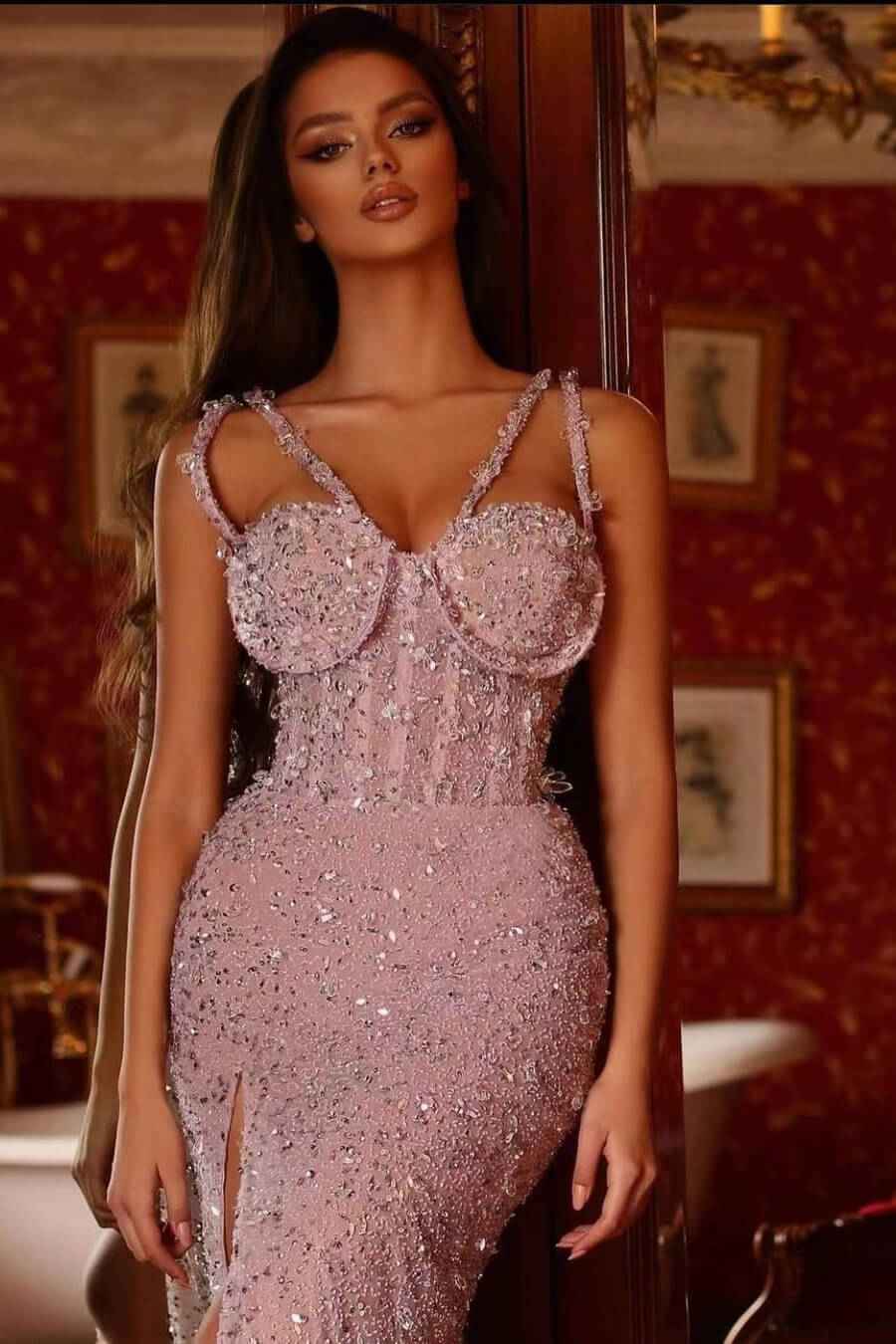 Pink Purple Beadings Gorgeous Prom Dress Split Mermaid Long With Sequins