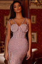 Pink Purple Beadings Gorgeous Prom Dress Split Mermaid Long With Sequins