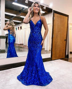 Royal Blue Sequin V Neck Backless Prom Dress BM bride