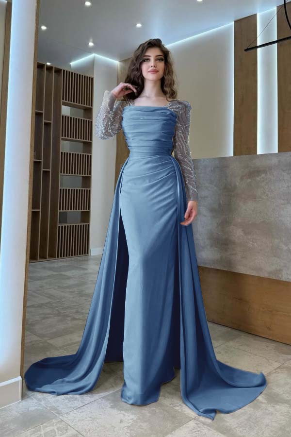 Long Sleeves Square Neck Long Mermaid Prom Dress With Pleated BMBRIDE