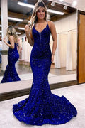 Royal Blue Sequins Spaghetti Strap Long Mermaid Evening Dress BM bride