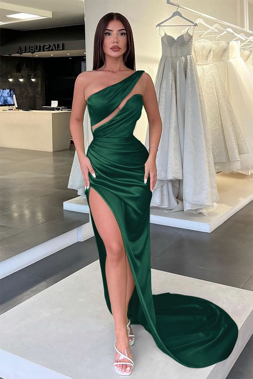 Light Green One-Shoulder Sleeveless Long Slit Evening Dress BM bride