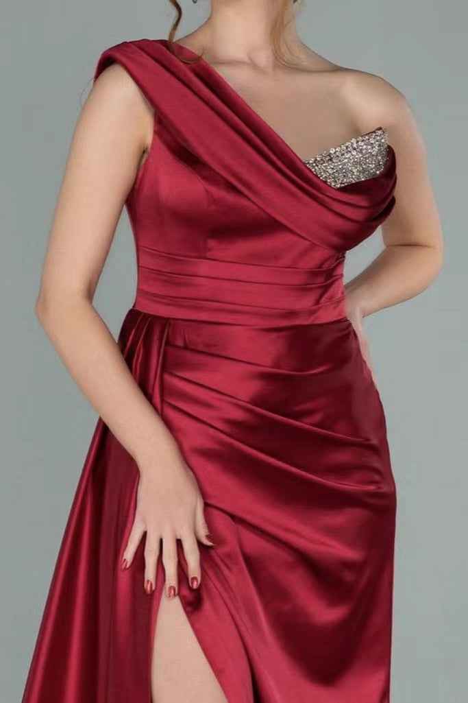 Burgundy Gorgeous One Shoulder Split Prom Dress With Sequins