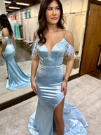 Stunning Blue Glitter Feather V Neck Long Prom Dress with Slit BM bride