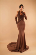 Halter Sleeveless Long Mermaid Prom Dress With Pleated Gloves BMBRIDE