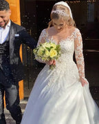 A-Line Sweetheart Wedding Dress with Long Sleeves and Lace Appliques BM bride