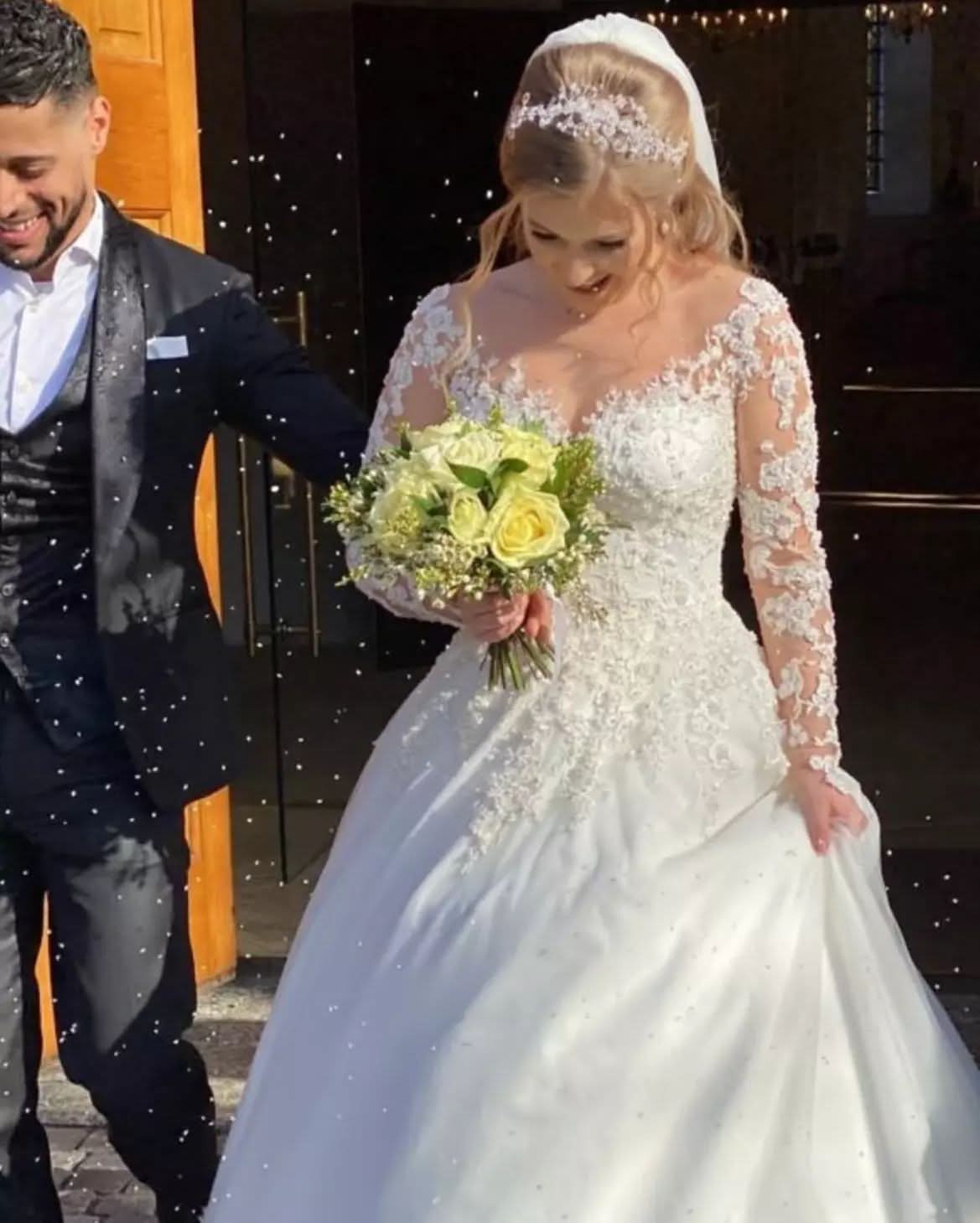 A-Line Sweetheart Wedding Dress with Long Sleeves and Lace Appliques BM bride