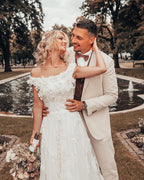 Long A-Line Off-the-Shoulder Wedding Dress with 3D Floral Lace Appliques BM bride