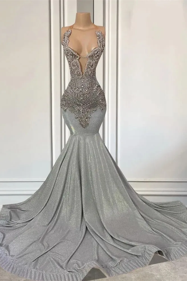 Silver Halter Mermaid Formal Dresses with Beadings for a Glamorous Look BM bride