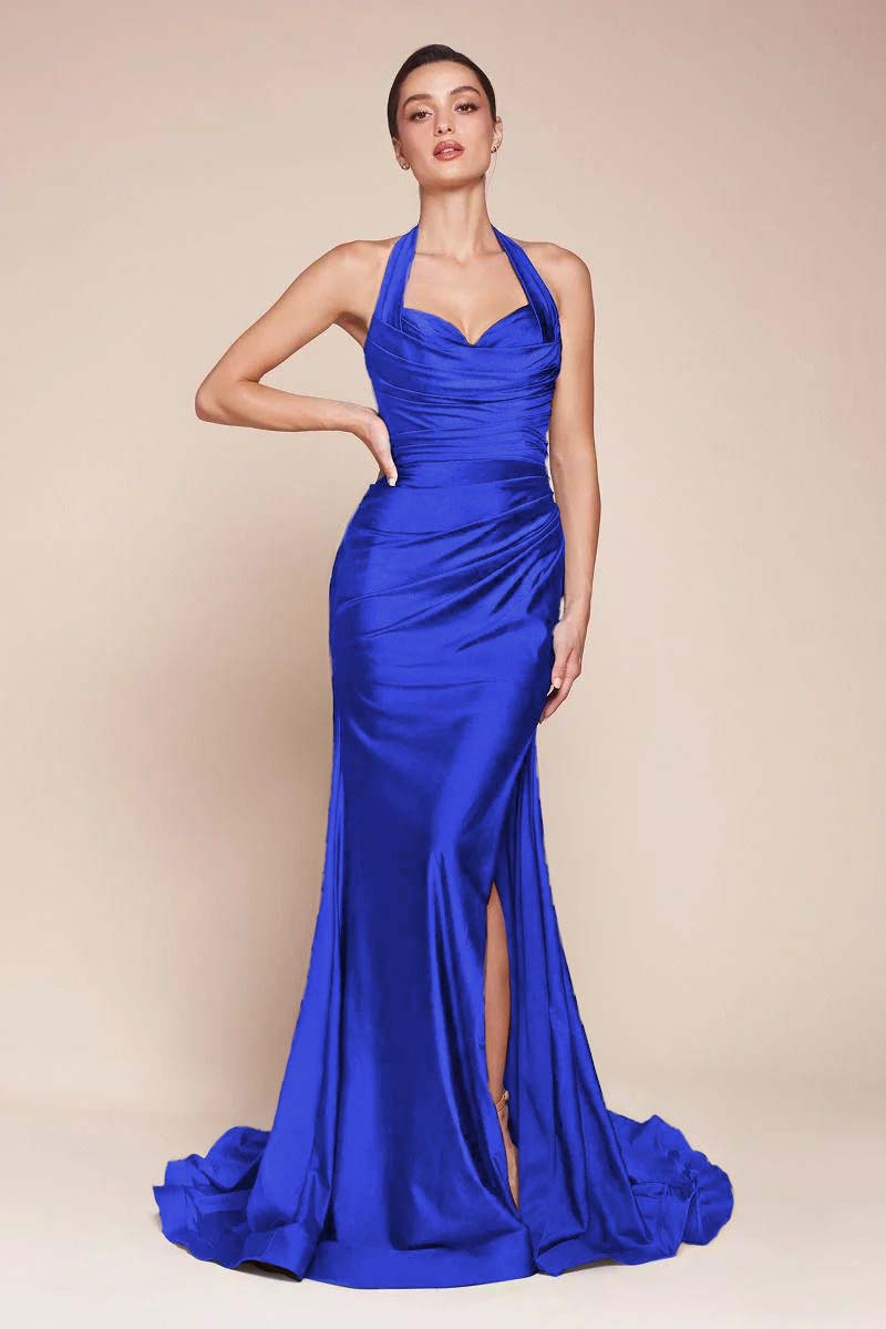 Halter Sleeveless Split Mermaid Long Prom Dress With Pleated BMBRIDE