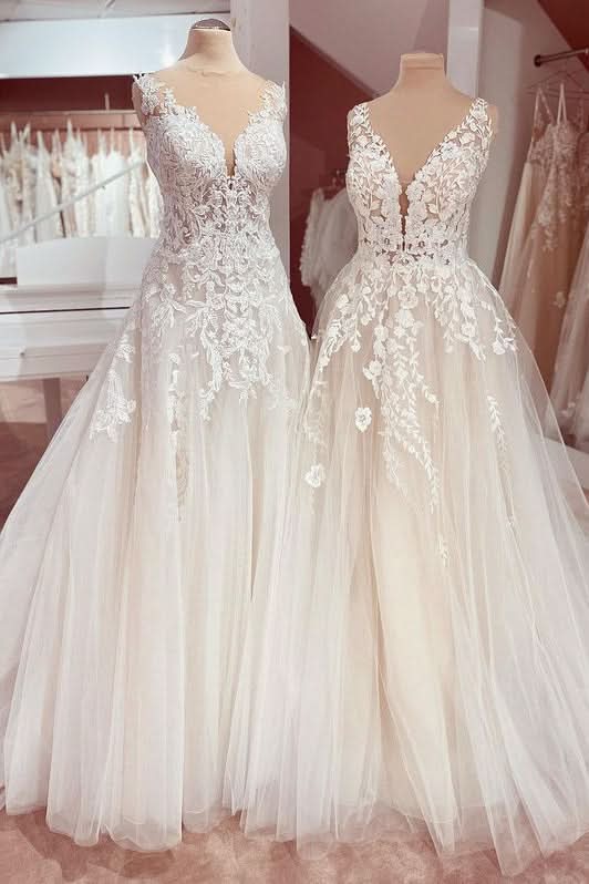 Deep V-Neck A-Line Lace Floor-Length Wedding Dress with Tulle Appliques BM bride