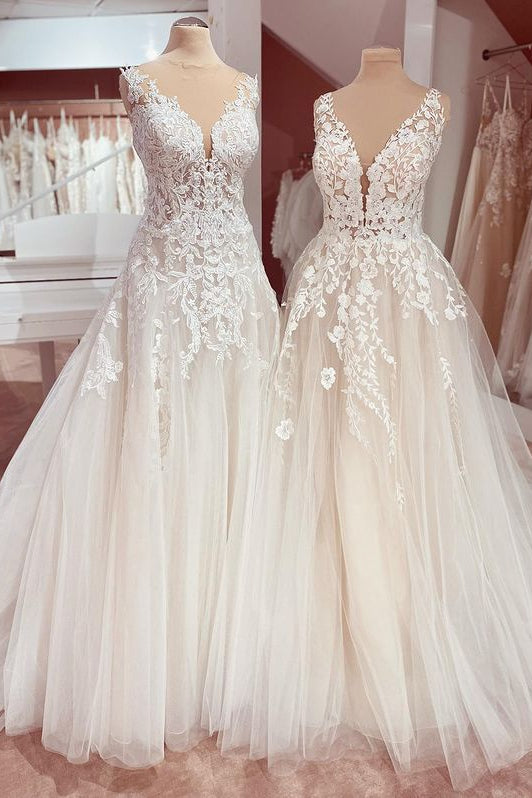 Deep V-Neck A-Line Lace Floor-Length Wedding Dress with Tulle Appliques BM bride
