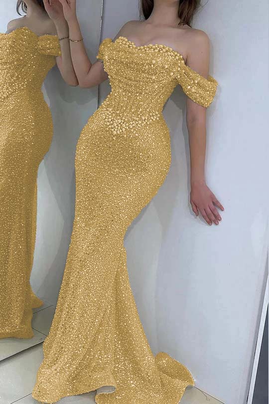 Off the Shoulder Strapless Sleeveless Long Prom Dress With Sequins BMBRIDE