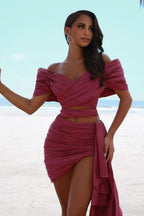 Rose Prom Dress Off-the-Shoulder Pleated Short with Trail BM bride