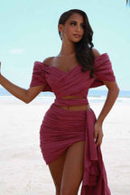 Rose Off the Shoulder Prom Dress Pleated Short With Pleated Trail